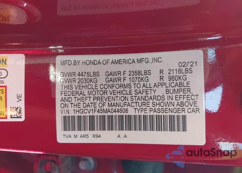 2021 Honda Accord Sport Special Edition from USA, damaged, VIN 1HGCV1F45MA044608